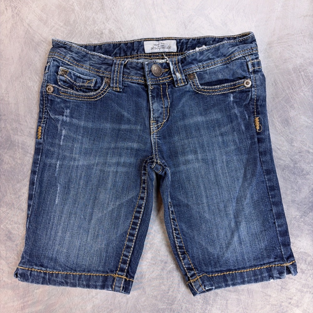 Y2K Aeropostale Denim Bermuda Shorts Womens 0 Blue Good Distressed Flap Pocket